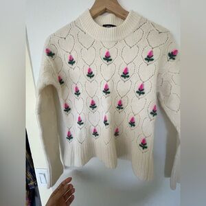 Aqua Cream Sweater with Pink and Green Floral Design 100% Cashmere